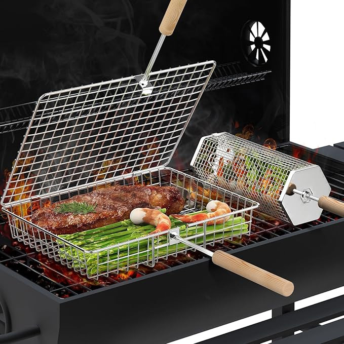 Grill Basket Set, Removable Wooden Handle, 304 Stainless Steel, Rolling BBQ Tools, Smoker Grillin... | Amazon (US)