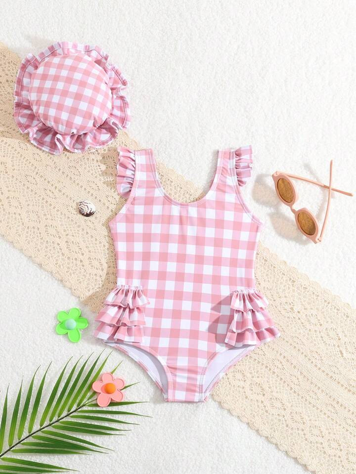 SHEIN Baby Girl Plaid Printed Round Neck Flutter Sleeve Ruffle Swimsuit With Hat | SHEIN