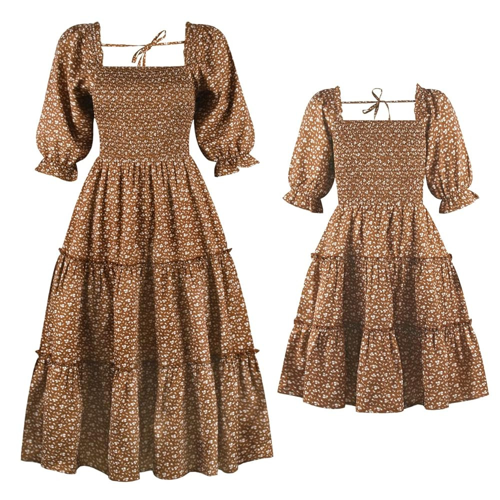 Mommy and Me Matching Dresses Floral Printed Ruffled Lantern Sleeves A-Line Long Dress Mom Daught... | Amazon (US)