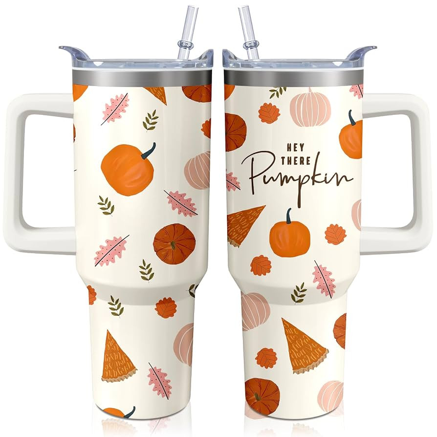 40oz Autumn Gift Fall Tumbler with Handle and straw, Pumpkin Maple Orange Leaves Stainless Steel ... | Amazon (US)
