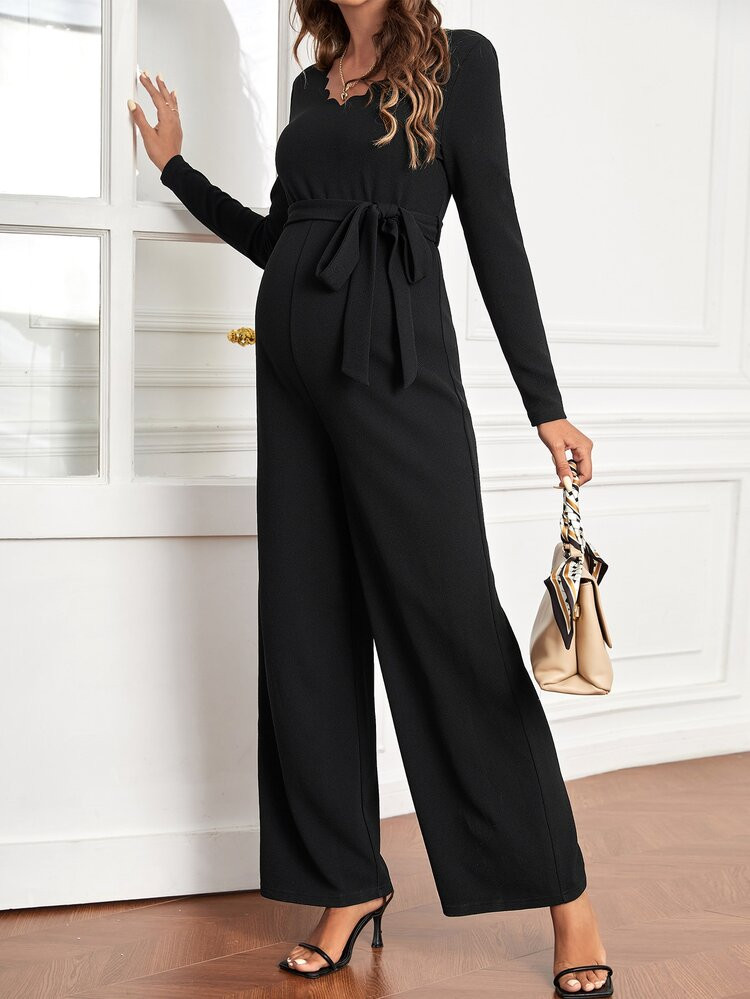 SHEIN Maternity Scallop Trim Belted Jumpsuit | SHEIN