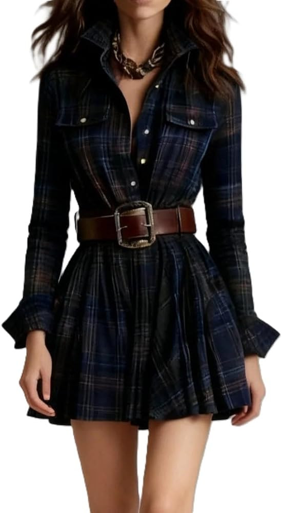 Plaid Casual Shirt Dress Long Sleeve Plaid Mini Dress for Women Button Down Short Checkered Retro... | Amazon (US)