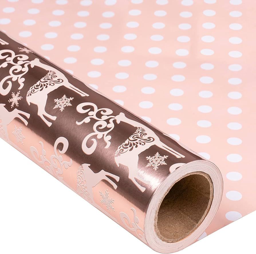 MAYPLUSS Christmas Reversible Wrapping Paper - Mini Roll - 17 Inch X 32.8 Feet - Rose Gold with G... | Amazon (US)