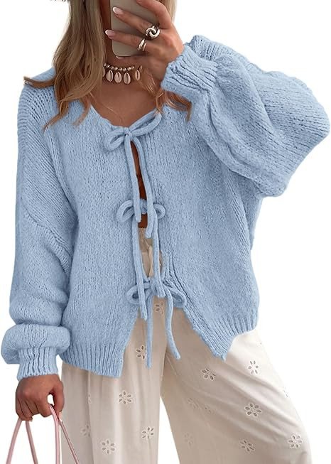 PRETTYGARDEN Women's Tie Front Bow Cardigan Sweaters Chunky Knit Long Puff Sleeve Trendy Fall Win... | Amazon (US)