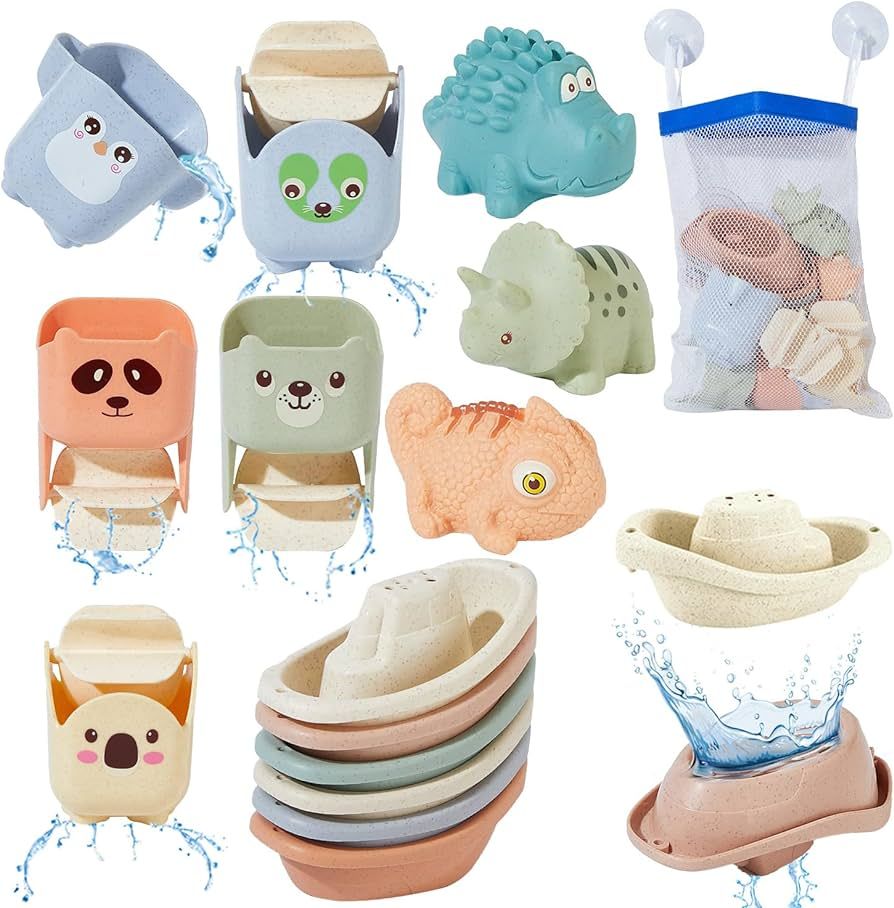 Mold Free Bath Toys for Kids Ages 1-3, 14PCS Water Bath Tub Toys with Floating Boats&Animals Bath... | Amazon (US)
