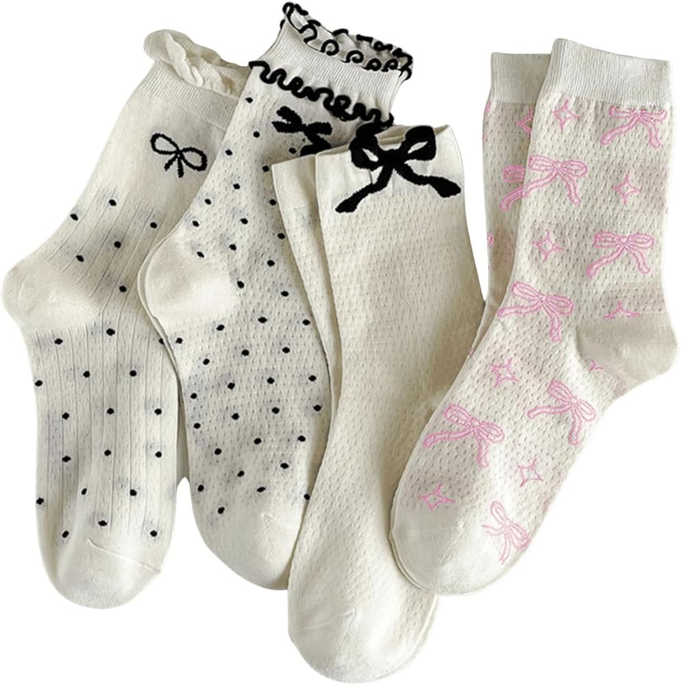 SHENHE Women's 4 Pairs Polka Dots Frilly Socks Lettuce Trim Kawaii Cute Bow Crew Socks | Amazon (US)