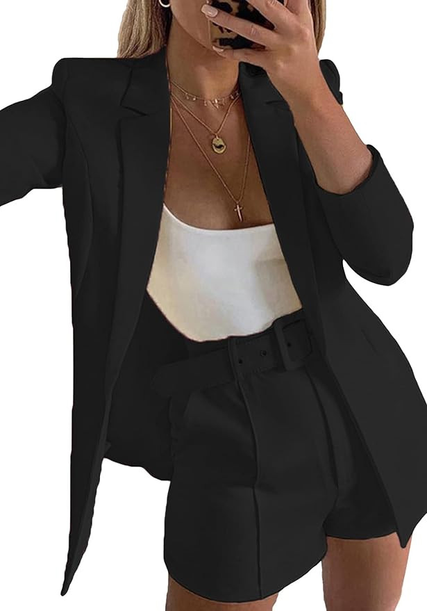 2 Piece Outfits for Women Long Sleeve Solid Open Front Blazer Shorts with Belt Casual Elegant Bus... | Amazon (US)