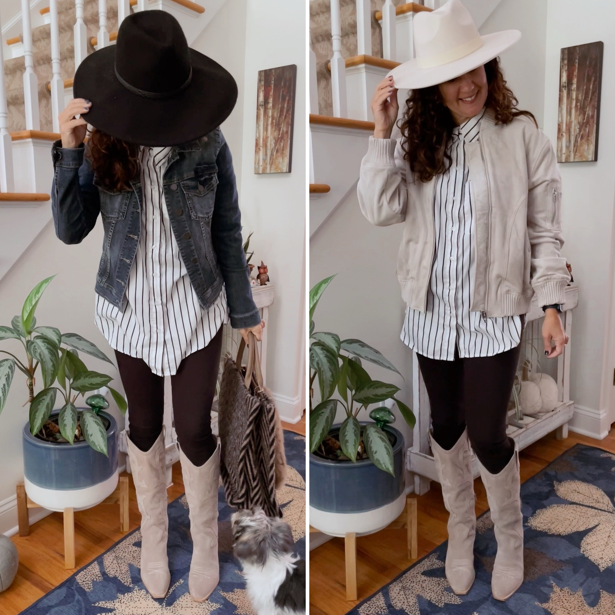 Striped blouse, leggings and western boots 👢 two ways. Changing out the coats and 👒 

#LTKshoecrush #LTKover40 #LTKSeasonal