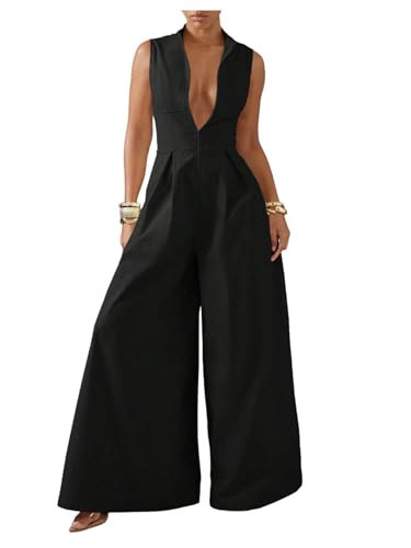 SOLY HUX Women's Zipper Front Wide Leg Jumpsuit Summer Mock Neck Sleeveless Elegant Romper Pure Black Medium | Amazon (US)