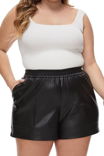Fahsyee Plus Size Black Shorts - Faux Elastic High Waisted Leather Short for Women PU Pleather Casual with Pockets 0X | Amazon (US)