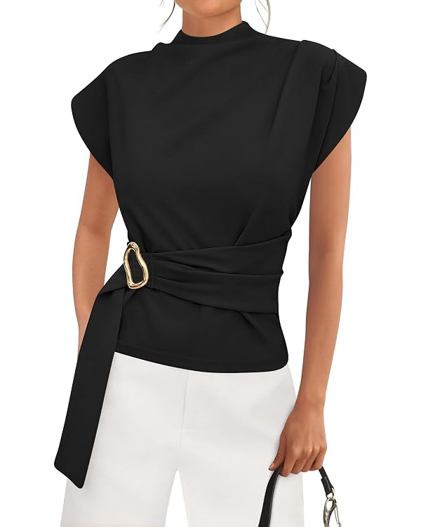 PRETTYGARDEN Women Blouses Spring Dressy Cap Sleeve Mock Neck Work Shirts Buckle Tunic Summer Bus... | Amazon (US)