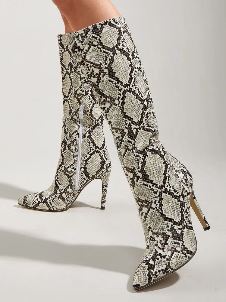 Snakeskin Side Zipper Stiletto Heeled Boots | SHEIN