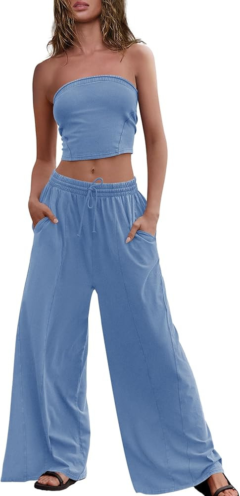 Panadila Womens Summer Lounge Sets 2 Piece Outfits Tube Top and Wide Leg Pants Matching Set Beach... | Amazon (US)