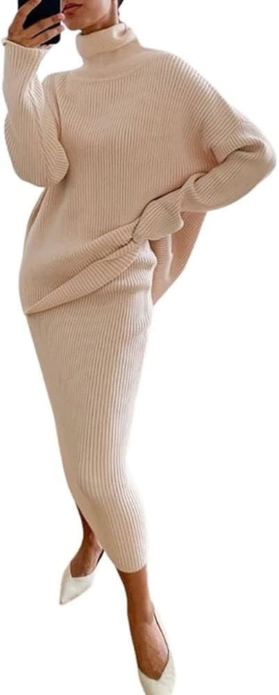 chouyatou Women's Chunky 2 Piece Outfits Turtleneck Knit Sweater and Maxi Bodycon Skirt Sets | Amazon (US)
