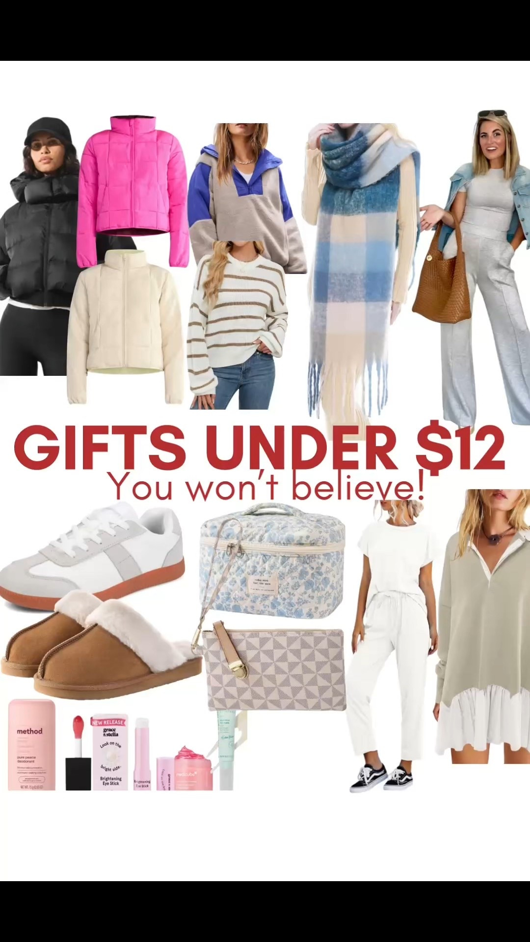 $12 GIFTS🎁 you won’t believe!👌 All my favorite Lulu looks from Amazon, Target & Walmart that I literally wear everyday! 2 PC sets that are CLOUD soft scuba fabric Perfect for winter layering, My favorites free people look pullovers, Sneakers, Ugg slip ons, Sweaters, Dresses, Puffer Coats and more!🤩🤎
.
.
✨SIZING✨Everything is petite friendly I’m 5’2” 125lbs wearing small top/dress and small/4 bottoms 
. Gift guide for her, gifts under $15, gifts under $10, ten dollar gifts, fifteen dollar gifts, favorites party gift, white elephant gifts, gifts for her, gifts for mom, gifts for wife, gifts for teens, chromas gifts under $10
Holiday gifts, holiday  outfit, sweater dress, floral skirt, Amazon floral skirt, Amazon sweater dress, Amazon Thanksgiving outfit m, Fall sweater, Amazon deals, Amazon sweater, Amazon discount code, cable knit sweater, Cotigan, cardigan, tie front sweater, colorblock sweater, sweater with white lines, stripe sweater, black jeans, brown jeans, skort, wrap skort, pattern skort, floral pattern skort, black and white skort, wrap skort
Amazon basic, travel outfit, 3 piece set, capsule wardrobe, travel outfit, comfy outfits, scuba set, look for less, capsule closet, 2 piece set, workwear, Amazon two piece set, sunglasses, striped dress, blue stripe dress, black jumpsuit, beige jumpsuit, travel outfit, loungewear, comfy outfit, casual outfits, work outfit, workwear, two piece set, 2 piece set, Amazon two piece set, Amazon lounge set 

#LTKsalealert #LTKtravel #LTKworkwear#LTKBacktoSchool #LTKFallSale#LTKxPrimeDay#LTKVideo#LTKCyberWeek

#LTKHoliday #LTKGiftGuide #LTKSaleAlert