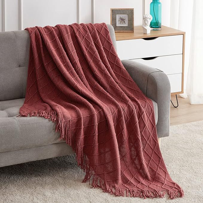 Amazon.com: BOURINA Throw Blanket Textured Solid Soft Sofa Throw Couch Knitted Decorative Blanket... | Amazon (US)