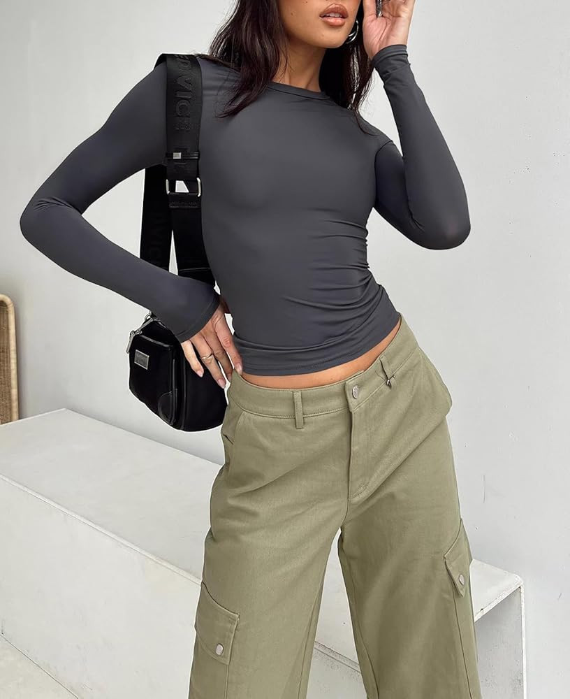 LACOZY Women's Skim Dupes Long Sleeve Tight Shirts Basic Tee Going Out Tops Y2k Crop Top Round Ne... | Amazon (CA)