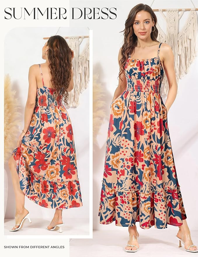 GRACE KARIN Summer Dresses for Women 2026 Vacation,Smocked Floral Maxi Dress,Boho Beach Sundress ... | Amazon (US)