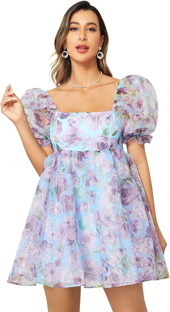 WDIRARA Women's Tie Dye Floral Print Square Neck Puff Sleeve High Rise Flare Organza Dress | Amazon (US)