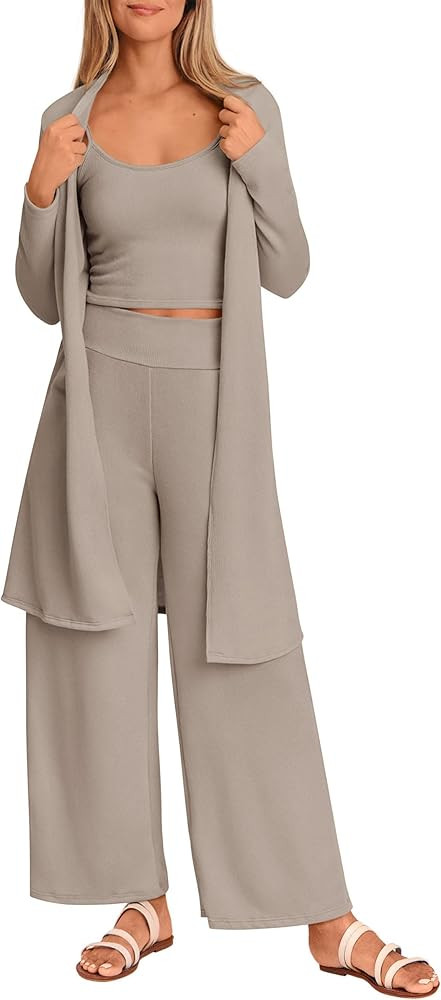 PRETTYGARDEN Women's Fall 3 Piece Pajamas Lounge Sets Ribbed Knit Long Cardigan Cropped Tank Tops... | Amazon (US)