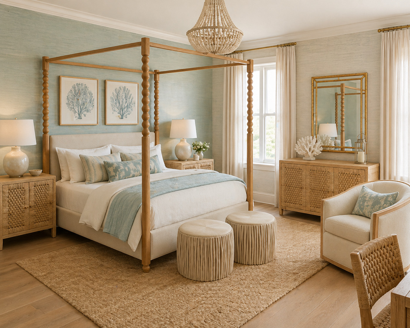 Neutral bedroom with a soft coastal touch 🤍 Light wood, woven textures, and a hint of blue make this space feel calm and cozy.  

 #LTKHome