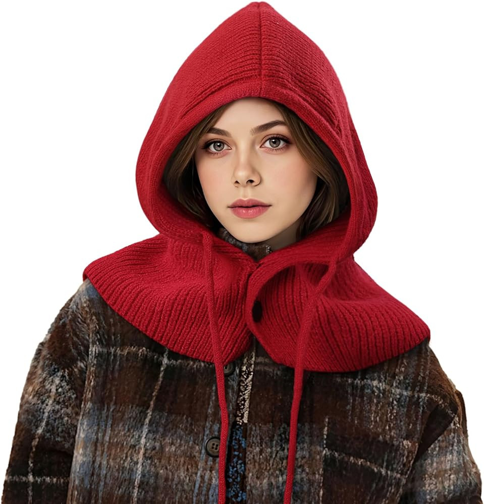 Balaclava Hat for Women, Warm Ear Neck Hooded Scarf Hat with Drawstring, Fashionable Knit Skull C... | Amazon (US)