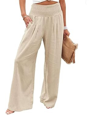 Women Linen Palazzo Pants Summer Boho Wide Leg High Waist Casual Lounge Pant 2025 Beach Travel Va... | Amazon (US)