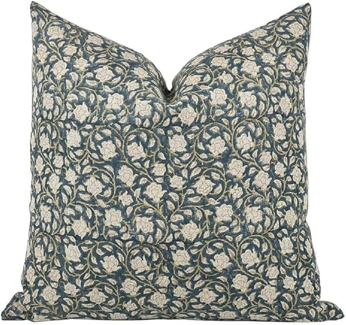 Floral Block Print Pillow Cover in Ivory, Green, Blue for Home Decor, Throw Pillow Case/Cover, In... | Amazon (US)