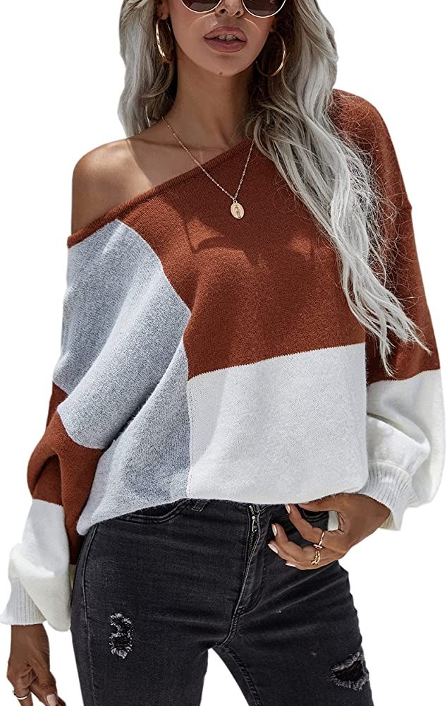 ECOWISH Women Sweater Long Sleeve Color Block Knit Pullover Sweaters Crew Neck Patchwork Casual Loos | Amazon (US)