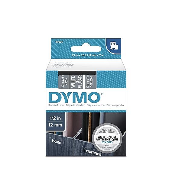 DYMO Standard D1 Self-Adhesive Polyester Tape, 1/2-inch, White Print on Clear, 23-foot Cartridge ... | Amazon (US)