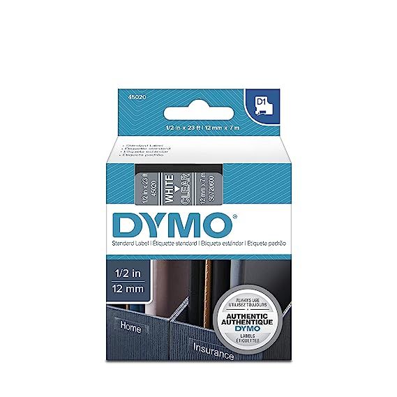 DYMO Standard D1 Self-Adhesive Polyester Tape, 1/2-inch, White Print on Clear, 23-foot Cartridge ... | Amazon (US)