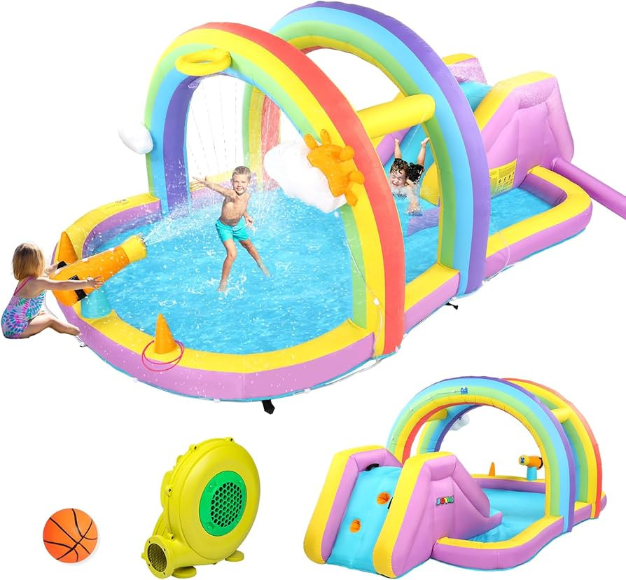 JOYMOR Inflatable Water Slide w/Climbing Wall, Water Cannon, Basketball Hoop, Kids Water Slide Bo... | Amazon (US)