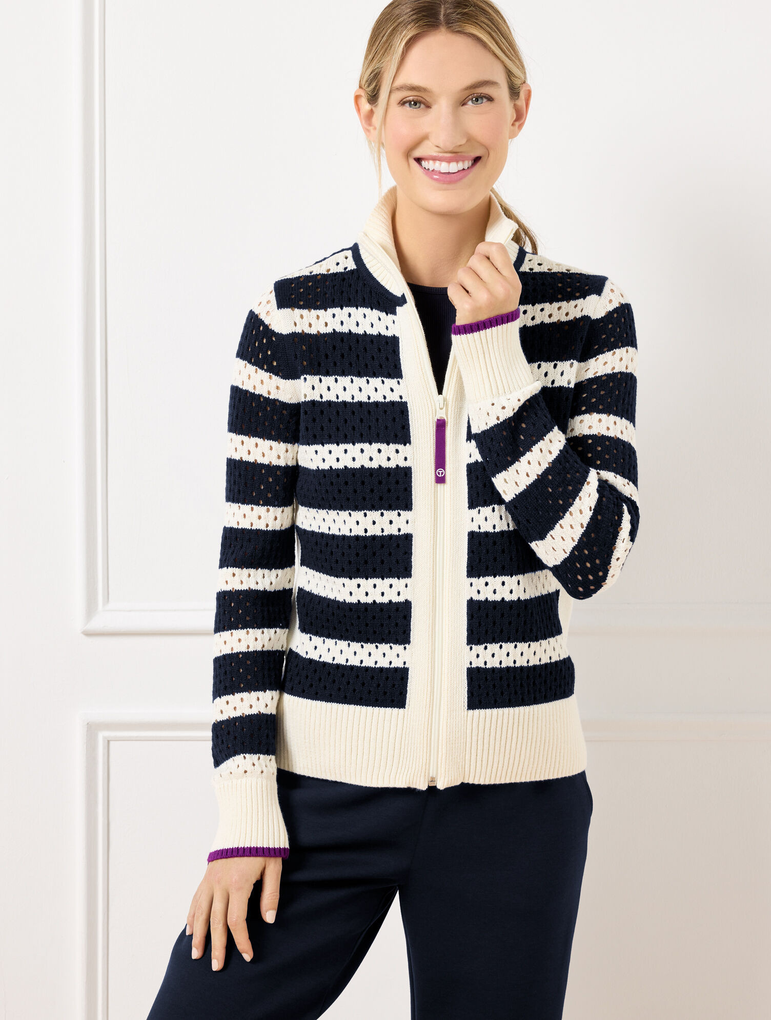 Coolmax® Full Zip Sweater Jacket -  Stripe | Talbots