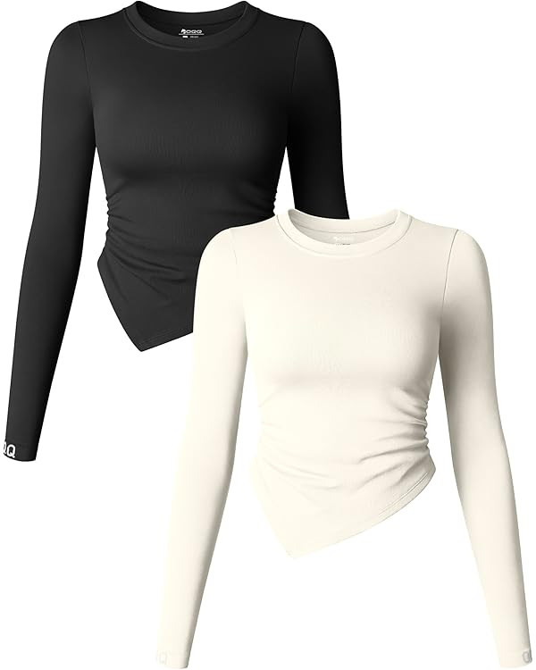OQQ Women's 2 Piece Long Sleeve Crew Neck Ruched Stretch Fitted Underscrubs Layer Tee Shirts Tops | Amazon (US)