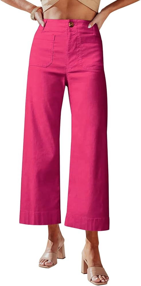 miduo Womens High Waisted Cropped Wide Leg Stretchy Straight Pants Trousers with Pockets | Amazon (US)