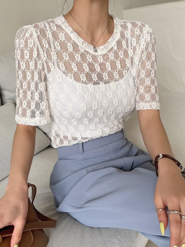 DAZY Solid Sheer Lace Top Without Cami Top | SHEIN