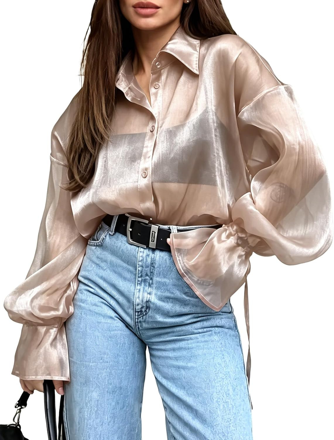 Wyeysyt Sheer Tops for Women Shiny Mesh Top Sheer Blouse | Amazon (US)