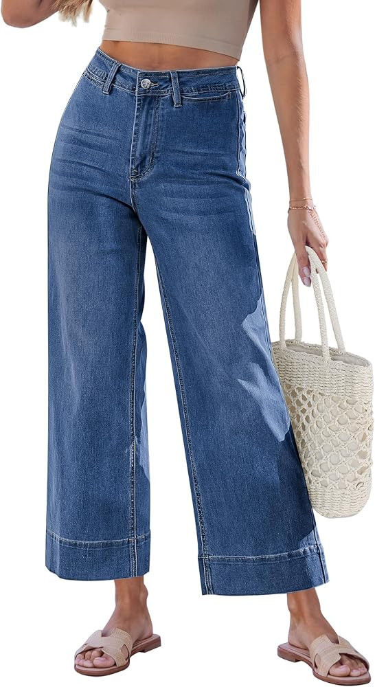 GRAPENT Wide Leg Jeans for Women Cropped Trendy High Waisted Welt Pocket Stretchy Denim Pants Dis... | Amazon (US)