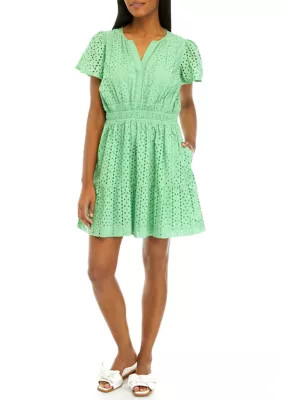 Crown & Ivy™ Women's Short Sleeve Eyelet Mini Dress | Belk