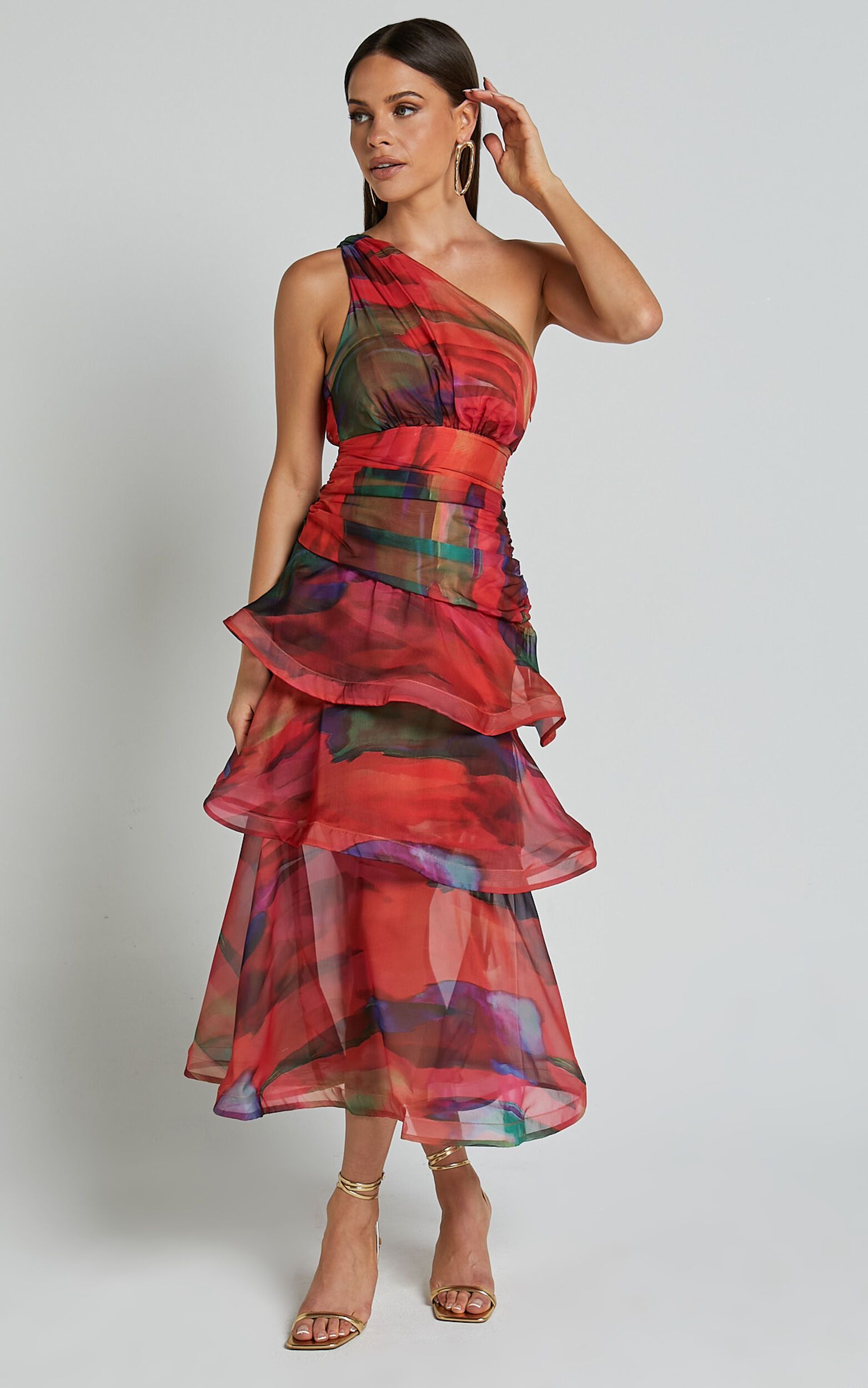 Chelsea Midi Dress - One Shoulder Tie Strap Layered Dress in Print | Showpo (US, UK & Europe)