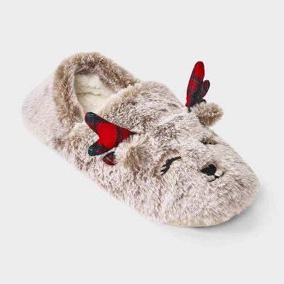 Women's Reindeer with 3D Antlers Christmas Faux Fur Slipper Socks with Grippers - Wondershop™ T... | Target