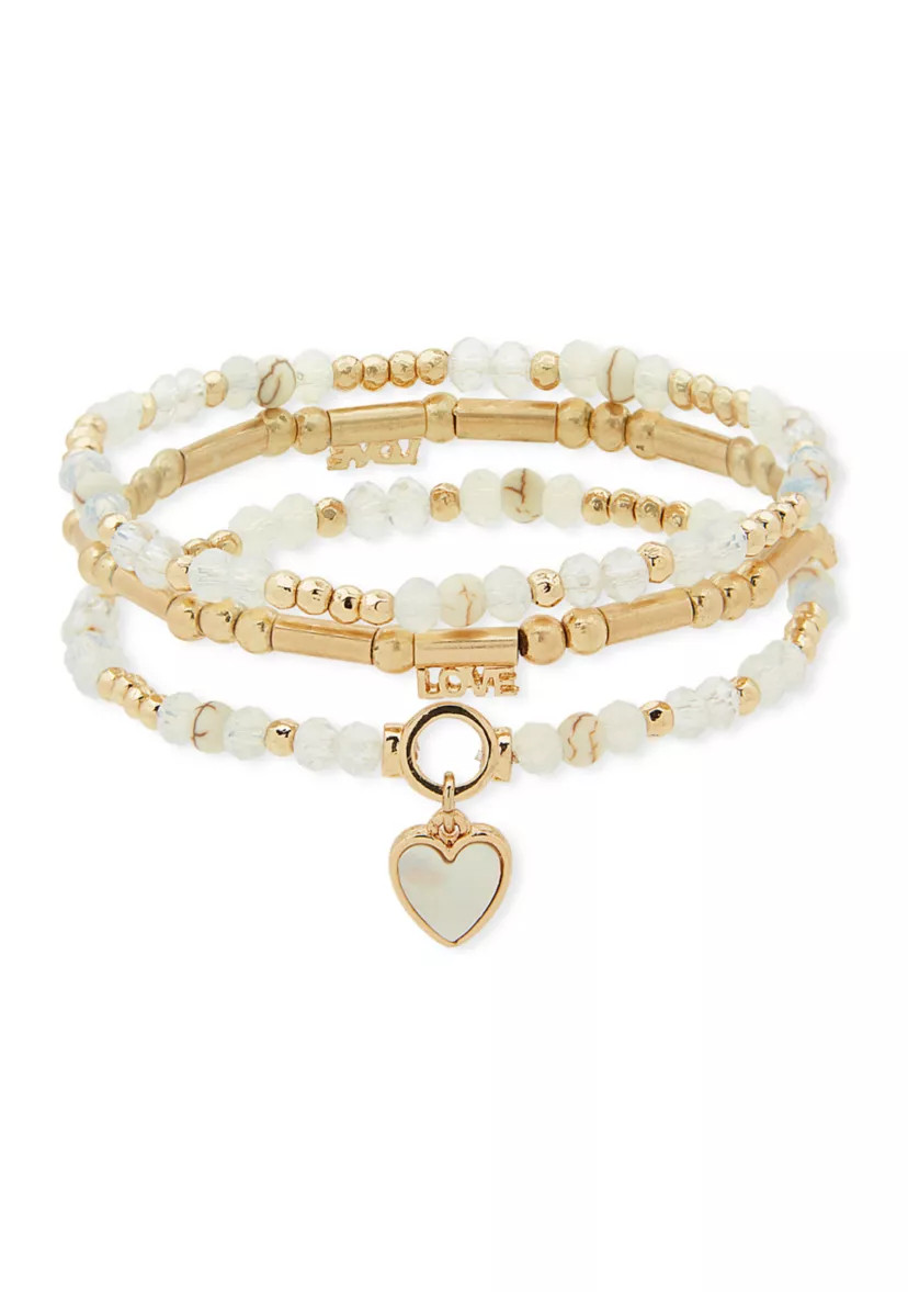 Gold Tone White Beaded Heart Charm Stretch Bracelet Set | Belk