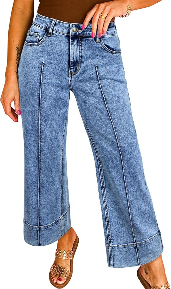 Astylish Women's 2026 Stretchy Breathable Wide Leg High Waisted Jeans Casual Cropped Ankle Denim ... | Amazon (US)