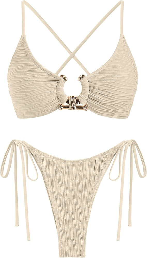 ZAFUL Women's Bikini Sets Ribbed Metal O Ring Criss Cross Two Piece Swimsuit Cheeky High Cut Side... | Amazon (US)