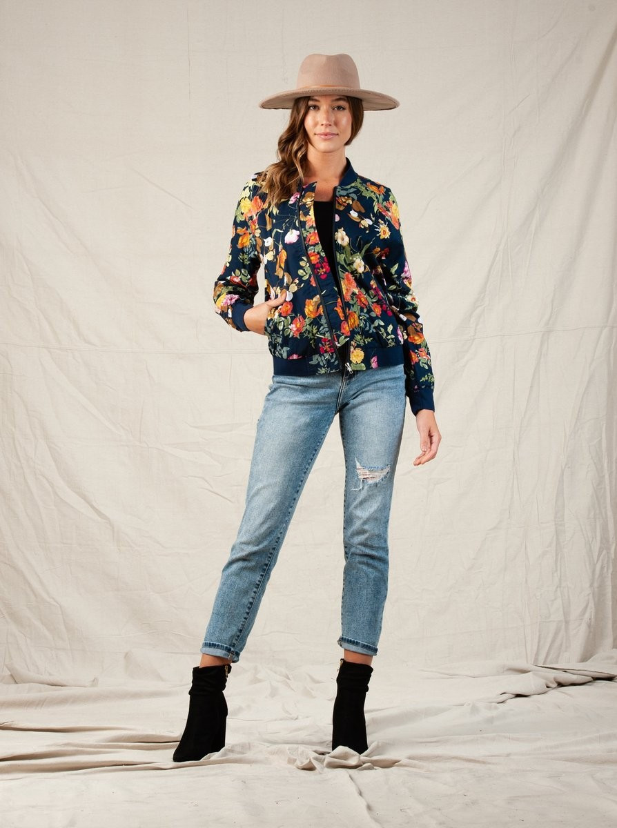 PARIS NAVY FLORAL BOMBER JACKET | LUCCA COUTURE