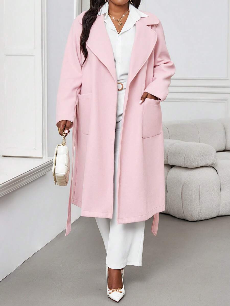 SHEIN Lady Spring And SummerAutumn And Winter Elegant Pink Waterfall Straight Pocket Midi Long Sl... | SHEIN