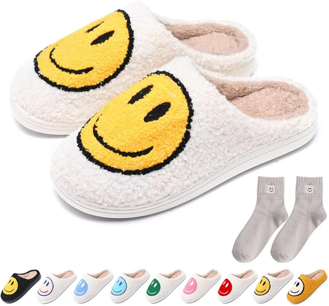 AIMINUO Women's Men's Retro Preppy Happy Face Slippers Comfy Warm Plush Slip-On House Slipper for... | Amazon (US)