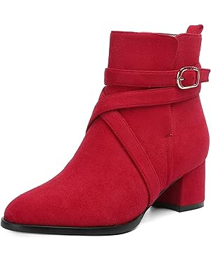 NUMALEO Womens Buckle Outdoor Suede Casual Round Toe Chunky Low Heel Ankle High Boots 2 Inch | Amazon (US)