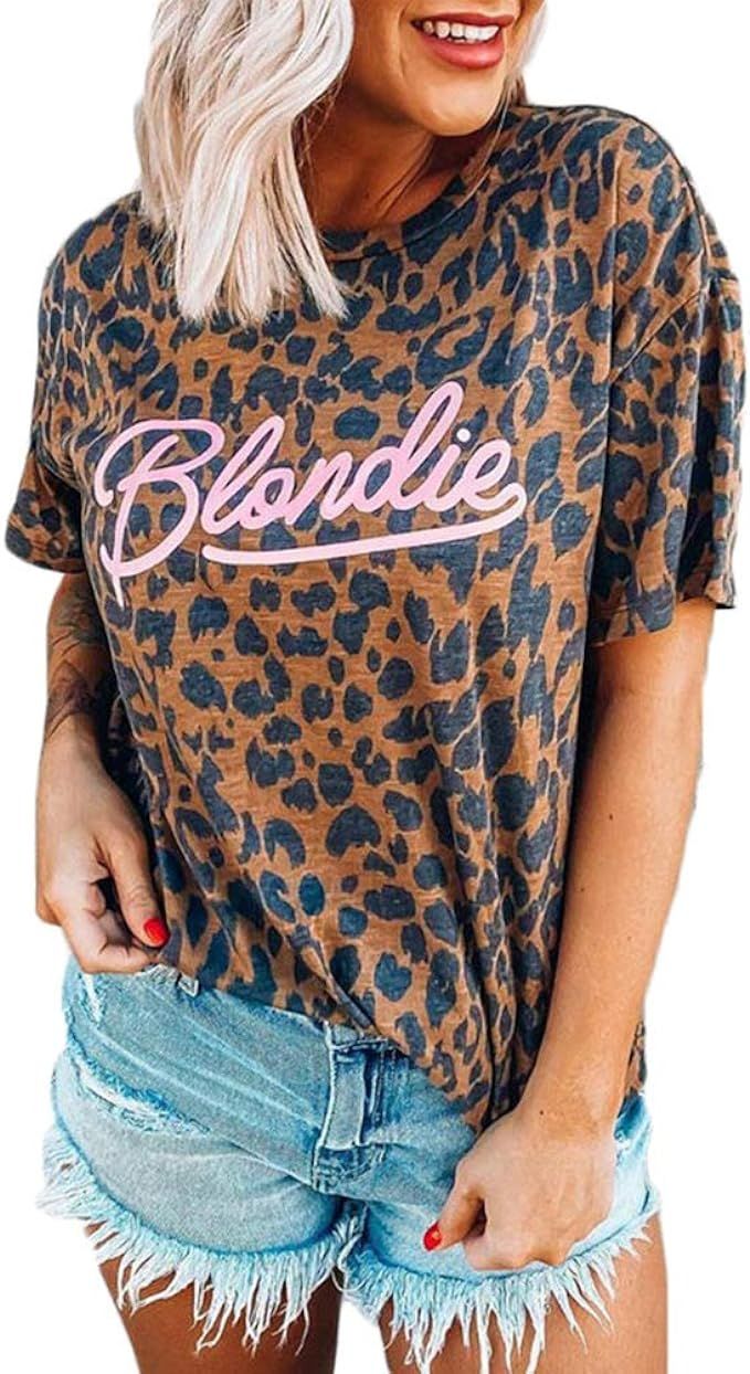 Women's Leopard Print T-Shirt Blondie Shirts Letter Printed Cute Short Sleeve Tees Tops | Amazon (US)