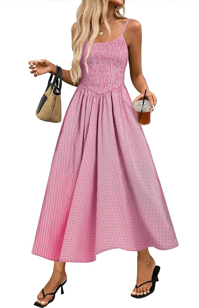 Relipop Women's Smocked Midi Dresses 2026 Summer Plaid Cute Sundress Casual Spaghetti Strap Swing... | Amazon (US)